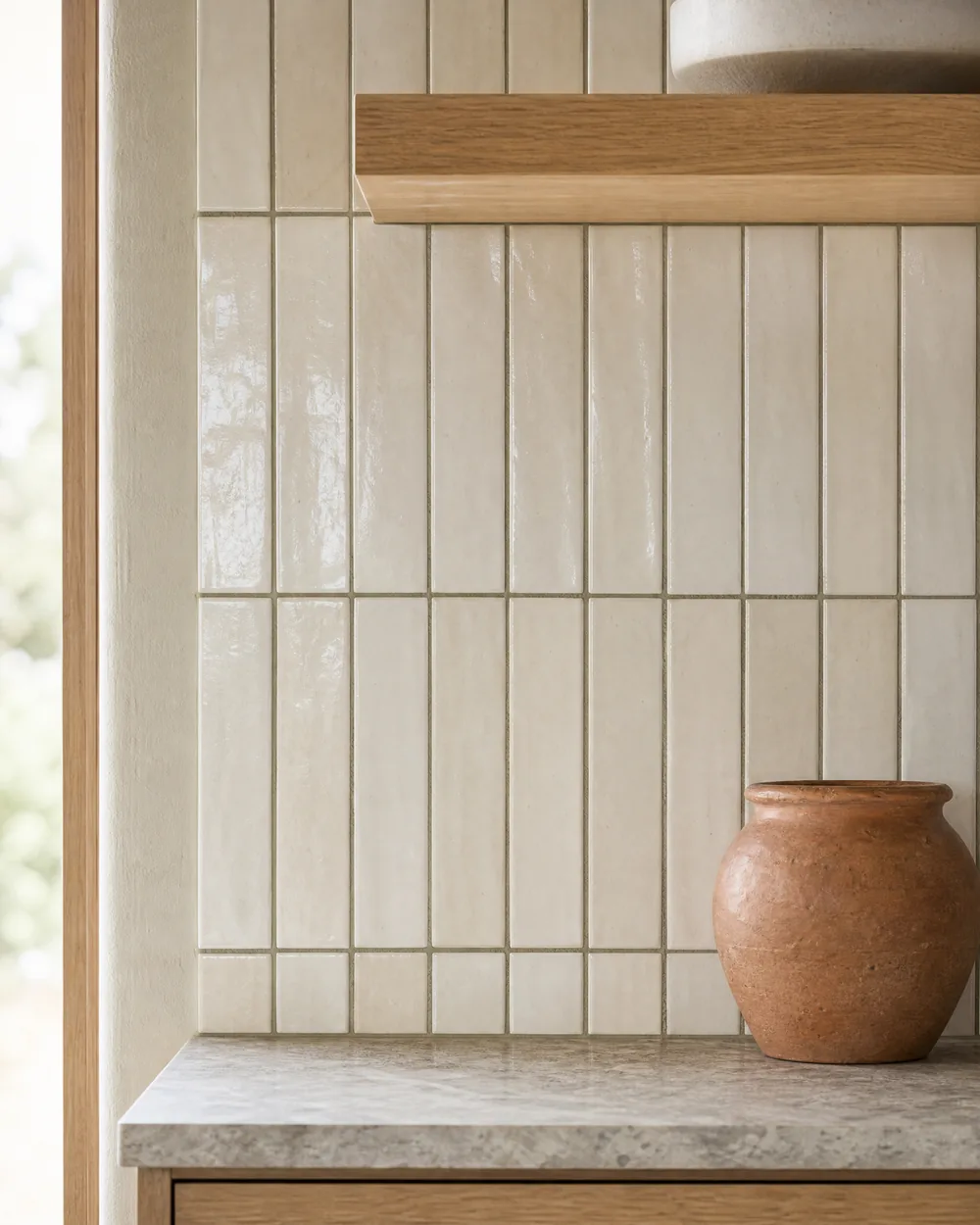 Warm-white handmade ceramic tile backsplash in a kitchen